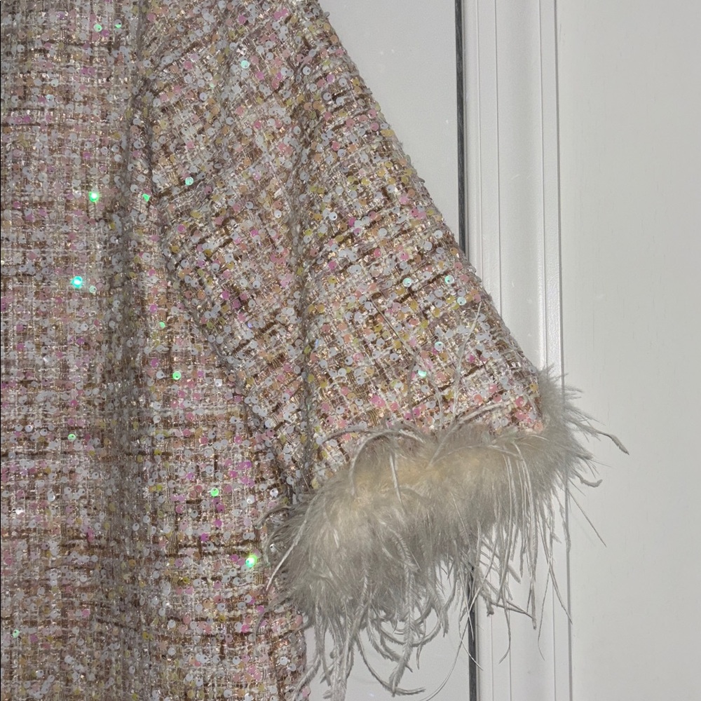 Cream Sequin Tweed Dress with Feather Cuffs - Picture 6 of 9